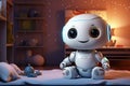 happy smiling baby robot in cozy childs room in fictional future AI generated