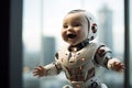 happy smiling baby robot in fictional future AI generated