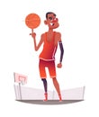 Happy smiling basketball player in uniform with ball standing on the basketball playground. Cartoon vector character design. Royalty Free Stock Photo