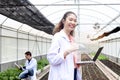 Happy smiling beautiful Asian botanist scientist woman in lab coat hold laptop computer and give thumb up, biological researcher