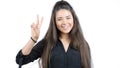 Happy smiling beautiful young woman showing two fingers or victory gesture, isol