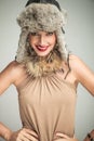 Happy smiling beauty woman wearing fur hat and collar Royalty Free Stock Photo