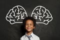 Happy smiling black child student boy with big brain, idea and brainstorming concept