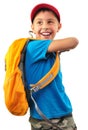 Happy smiling boy with backpack isolated over white Royalty Free Stock Photo