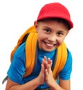 Happy smiling boy with backpack isolated over white Royalty Free Stock Photo