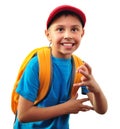 Happy smiling boy with backpack isolated over white Royalty Free Stock Photo