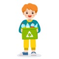 Happy smiling boy carrying a container bin of bottles suitable for recycling. Royalty Free Stock Photo