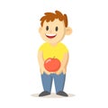 Happy smiling boy holding a big red apple, cartoon character design. Flat vector illustration, isolated on white Royalty Free Stock Photo