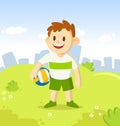 Happy smiling boy holding a volleyball. Cartoon character standing in the city park. Sport and fitness. Cartoon vector Royalty Free Stock Photo