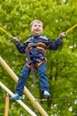 Happy smiling boy is jumping on trampoline Royalty Free Stock Photo