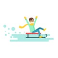 Happy smiling boy riding a sledge. Winter activity colorful character vector Illustration