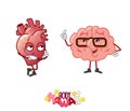 Happy smiling brain and grumpy heart cute kawaii cartoon characters arguing.