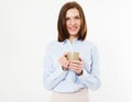 Happy smiling brunette woman posing on white background and hold tasty drink Royalty Free Stock Photo