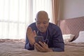 Happy smiling business, black man, African American people talking on the phone to colleagues in webcam video call conference in Royalty Free Stock Photo