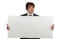 Happy smiling business man showing blank signboard, isolated over white background Royalty Free Stock Photo