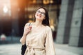 Happy smiling business woman in glasses exited about new job position. Royalty Free Stock Photo