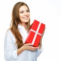 Happy smiling business woman hold red gift. white background is Royalty Free Stock Photo