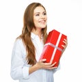 Happy smiling business woman hold red gift. white background is Royalty Free Stock Photo