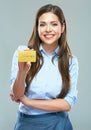 Happy smiling business woman showing credit card. Royalty Free Stock Photo