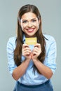 Happy smiling business woman showing credit card. Royalty Free Stock Photo