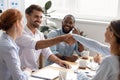 Happy smiling businessman businesswoman shaking hands at business meeting Royalty Free Stock Photo