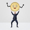 A happy smiling businessman holding a large golden coin with a smiley face over his head. Royalty Free Stock Photo