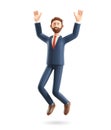 Happy smiling businessman jumping celebrating success. 3D illustration of cartoon winning male character with his hands in the air Royalty Free Stock Photo