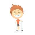 Happy smiling cartoon boy riding a kick scooter, kids outdoor activity, colorful character vector Illustration Royalty Free Stock Photo