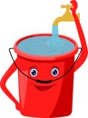 Happy cartoon bucket under water tap vector illustration