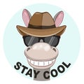 Happy smiling cartoon donkey in a hat and sunglasses. Royalty Free Stock Photo