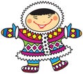 Happy smiling cartoon Eskimo boy in colorful national costumes.