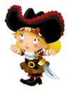 Happy smiling cartoon medieval pirate woman standing smiling with sword on white background