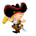 Happy smiling cartoon medieval pirate woman standing smiling with sword on white background