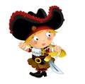 Happy smiling cartoon medieval pirate woman standing smiling with sword on white background