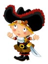 Happy smiling cartoon medieval pirate woman standing smiling with sword on white background