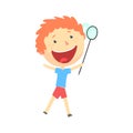 Happy smiling cartoon redhead boy playing with a butterfly net, kids outdoor activity, colorful character vector Royalty Free Stock Photo