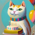 A smiling white cat with birthday cake, candles and balloons