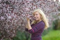Happy smiling Caucasian blond woman with long hair smiles and happy near blossoming plum cherry tree, enjoys the blossom. Looking Royalty Free Stock Photo
