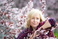 Happy smiling Caucasian blond woman with long hair smiles and happy near blossoming plum cherry tree, enjoys the blossom. Looking Royalty Free Stock Photo