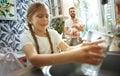 The happy smiling caucasian family in the kitchen preparing breakfast Royalty Free Stock Photo