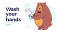 Happy smiling character washing hands under running water. Prevention measures for kids against virus and infection. Flat cartoon