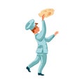 Happy chef-cook man tossing pizza dough into the air while kneading it. Vector illustration in flat cartoon style. Royalty Free Stock Photo