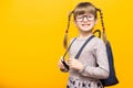 Happy smiling child girl in glasses is going to school for the first time. Child with school bag and with funny pigtails isolated Royalty Free Stock Photo