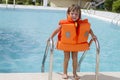 Happy smiling child girl in inflatable life-jacket Royalty Free Stock Photo