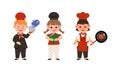 Happy smiling children chefs in uniform set cartoon vector illustration