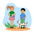 happy smiling children, girl brings books, boy walks the dog, character outline, children have fun and useful time, read children