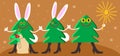 Happy smiling Christmas trees with ears and tails of rabbit. Holding gifts and sparkle.