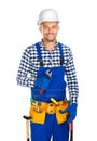 Happy smiling construction worker with wrench and tool belt Royalty Free Stock Photo