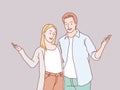 Happy smiling couple doing open hand gesture simple korean style illustration