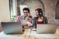 Happy smiling customer support phone operator at workplace Royalty Free Stock Photo